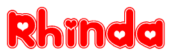 The image is a red and white graphic with the word Rhinda written in a decorative script. Each letter in  is contained within its own outlined bubble-like shape. Inside each letter, there is a white heart symbol.