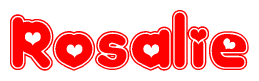 The image is a red and white graphic with the word Rosalie written in a decorative script. Each letter in  is contained within its own outlined bubble-like shape. Inside each letter, there is a white heart symbol.