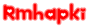 The image is a clipart featuring the word Rmhapki written in a stylized font with a heart shape replacing inserted into the center of each letter. The color scheme of the text and hearts is red with a light outline.