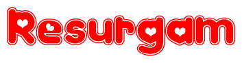 The image is a red and white graphic with the word Resurgam written in a decorative script. Each letter in  is contained within its own outlined bubble-like shape. Inside each letter, there is a white heart symbol.