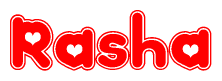 The image is a red and white graphic with the word Rasha written in a decorative script. Each letter in  is contained within its own outlined bubble-like shape. Inside each letter, there is a white heart symbol.
