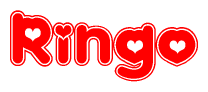 The image is a red and white graphic with the word Ringo written in a decorative script. Each letter in  is contained within its own outlined bubble-like shape. Inside each letter, there is a white heart symbol.