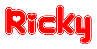 The image is a clipart featuring the word Ricky written in a stylized font with a heart shape replacing inserted into the center of each letter. The color scheme of the text and hearts is red with a light outline.