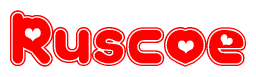 The image displays the word Ruscoe written in a stylized red font with hearts inside the letters.
