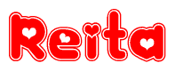 The image is a clipart featuring the word Reita written in a stylized font with a heart shape replacing inserted into the center of each letter. The color scheme of the text and hearts is red with a light outline.