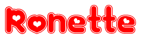 The image is a clipart featuring the word Ronette written in a stylized font with a heart shape replacing inserted into the center of each letter. The color scheme of the text and hearts is red with a light outline.