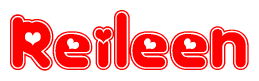 The image is a red and white graphic with the word Reileen written in a decorative script. Each letter in  is contained within its own outlined bubble-like shape. Inside each letter, there is a white heart symbol.