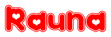 The image displays the word Rauna written in a stylized red font with hearts inside the letters.