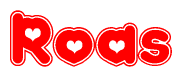 The image is a clipart featuring the word Roas written in a stylized font with a heart shape replacing inserted into the center of each letter. The color scheme of the text and hearts is red with a light outline.