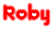 The image is a red and white graphic with the word Roby written in a decorative script. Each letter in  is contained within its own outlined bubble-like shape. Inside each letter, there is a white heart symbol.