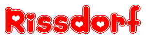The image is a clipart featuring the word Rissdorf written in a stylized font with a heart shape replacing inserted into the center of each letter. The color scheme of the text and hearts is red with a light outline.