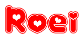 The image is a clipart featuring the word Roei written in a stylized font with a heart shape replacing inserted into the center of each letter. The color scheme of the text and hearts is red with a light outline.