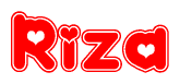 The image is a clipart featuring the word Riza written in a stylized font with a heart shape replacing inserted into the center of each letter. The color scheme of the text and hearts is red with a light outline.