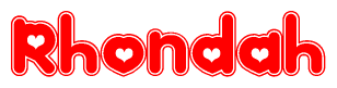 The image is a clipart featuring the word Rhondah written in a stylized font with a heart shape replacing inserted into the center of each letter. The color scheme of the text and hearts is red with a light outline.