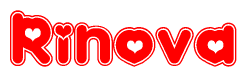 The image is a clipart featuring the word Rinova written in a stylized font with a heart shape replacing inserted into the center of each letter. The color scheme of the text and hearts is red with a light outline.