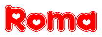 The image displays the word Roma written in a stylized red font with hearts inside the letters.