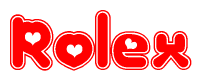 The image is a clipart featuring the word Rolex written in a stylized font with a heart shape replacing inserted into the center of each letter. The color scheme of the text and hearts is red with a light outline.