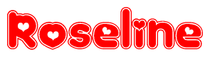 The image is a clipart featuring the word Roseline written in a stylized font with a heart shape replacing inserted into the center of each letter. The color scheme of the text and hearts is red with a light outline.