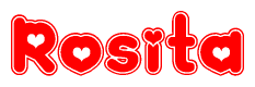 The image is a red and white graphic with the word Rosita written in a decorative script. Each letter in  is contained within its own outlined bubble-like shape. Inside each letter, there is a white heart symbol.