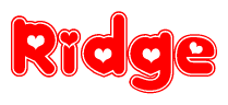 The image is a clipart featuring the word Ridge written in a stylized font with a heart shape replacing inserted into the center of each letter. The color scheme of the text and hearts is red with a light outline.