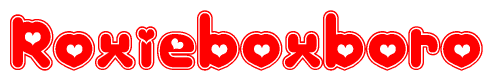 The image is a red and white graphic with the word Roxieboxboro written in a decorative script. Each letter in  is contained within its own outlined bubble-like shape. Inside each letter, there is a white heart symbol.