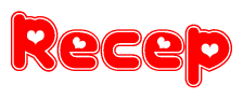 The image is a clipart featuring the word Recep written in a stylized font with a heart shape replacing inserted into the center of each letter. The color scheme of the text and hearts is red with a light outline.