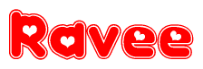 The image displays the word Ravee written in a stylized red font with hearts inside the letters.