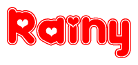The image is a red and white graphic with the word Rainy written in a decorative script. Each letter in  is contained within its own outlined bubble-like shape. Inside each letter, there is a white heart symbol.