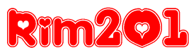 The image is a clipart featuring the word Rim201 written in a stylized font with a heart shape replacing inserted into the center of each letter. The color scheme of the text and hearts is red with a light outline.