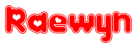 The image is a clipart featuring the word Raewyn written in a stylized font with a heart shape replacing inserted into the center of each letter. The color scheme of the text and hearts is red with a light outline.