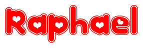 The image is a red and white graphic with the word Raphael written in a decorative script. Each letter in  is contained within its own outlined bubble-like shape. Inside each letter, there is a white heart symbol.