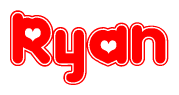 The image is a clipart featuring the word Ryan written in a stylized font with a heart shape replacing inserted into the center of each letter. The color scheme of the text and hearts is red with a light outline.
