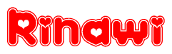 The image is a red and white graphic with the word Rinawi written in a decorative script. Each letter in  is contained within its own outlined bubble-like shape. Inside each letter, there is a white heart symbol.