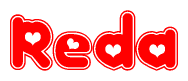 The image displays the word Reda written in a stylized red font with hearts inside the letters.