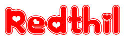 The image is a clipart featuring the word Redthil written in a stylized font with a heart shape replacing inserted into the center of each letter. The color scheme of the text and hearts is red with a light outline.