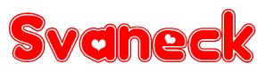 The image is a red and white graphic with the word Svaneck written in a decorative script. Each letter in  is contained within its own outlined bubble-like shape. Inside each letter, there is a white heart symbol.