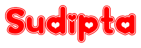 The image is a red and white graphic with the word Sudipta written in a decorative script. Each letter in  is contained within its own outlined bubble-like shape. Inside each letter, there is a white heart symbol.