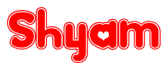 The image is a red and white graphic with the word Shyam written in a decorative script. Each letter in  is contained within its own outlined bubble-like shape. Inside each letter, there is a white heart symbol.