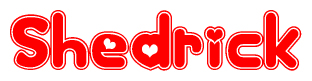 The image is a clipart featuring the word Shedrick written in a stylized font with a heart shape replacing inserted into the center of each letter. The color scheme of the text and hearts is red with a light outline.