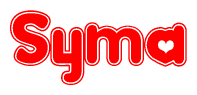 The image is a red and white graphic with the word Syma written in a decorative script. Each letter in  is contained within its own outlined bubble-like shape. Inside each letter, there is a white heart symbol.