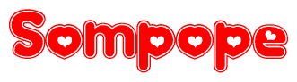 The image is a red and white graphic with the word Sompope written in a decorative script. Each letter in  is contained within its own outlined bubble-like shape. Inside each letter, there is a white heart symbol.