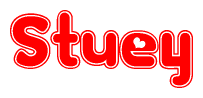 The image is a red and white graphic with the word Stuey written in a decorative script. Each letter in  is contained within its own outlined bubble-like shape. Inside each letter, there is a white heart symbol.