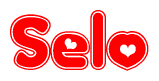 The image is a red and white graphic with the word Selo written in a decorative script. Each letter in  is contained within its own outlined bubble-like shape. Inside each letter, there is a white heart symbol.