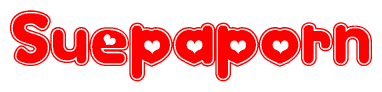 The image is a red and white graphic with the word Suepaporn written in a decorative script. Each letter in  is contained within its own outlined bubble-like shape. Inside each letter, there is a white heart symbol.
