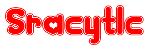 The image is a red and white graphic with the word Sracytlc written in a decorative script. Each letter in  is contained within its own outlined bubble-like shape. Inside each letter, there is a white heart symbol.