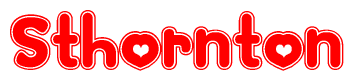 The image is a clipart featuring the word Sthornton written in a stylized font with a heart shape replacing inserted into the center of each letter. The color scheme of the text and hearts is red with a light outline.