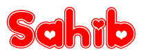 The image is a red and white graphic with the word Sahib written in a decorative script. Each letter in  is contained within its own outlined bubble-like shape. Inside each letter, there is a white heart symbol.