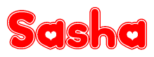 The image is a red and white graphic with the word Sasha written in a decorative script. Each letter in  is contained within its own outlined bubble-like shape. Inside each letter, there is a white heart symbol.