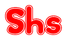 The image is a red and white graphic with the word Shs written in a decorative script. Each letter in  is contained within its own outlined bubble-like shape. Inside each letter, there is a white heart symbol.