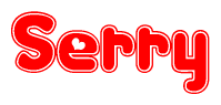 The image is a red and white graphic with the word Serry written in a decorative script. Each letter in  is contained within its own outlined bubble-like shape. Inside each letter, there is a white heart symbol.